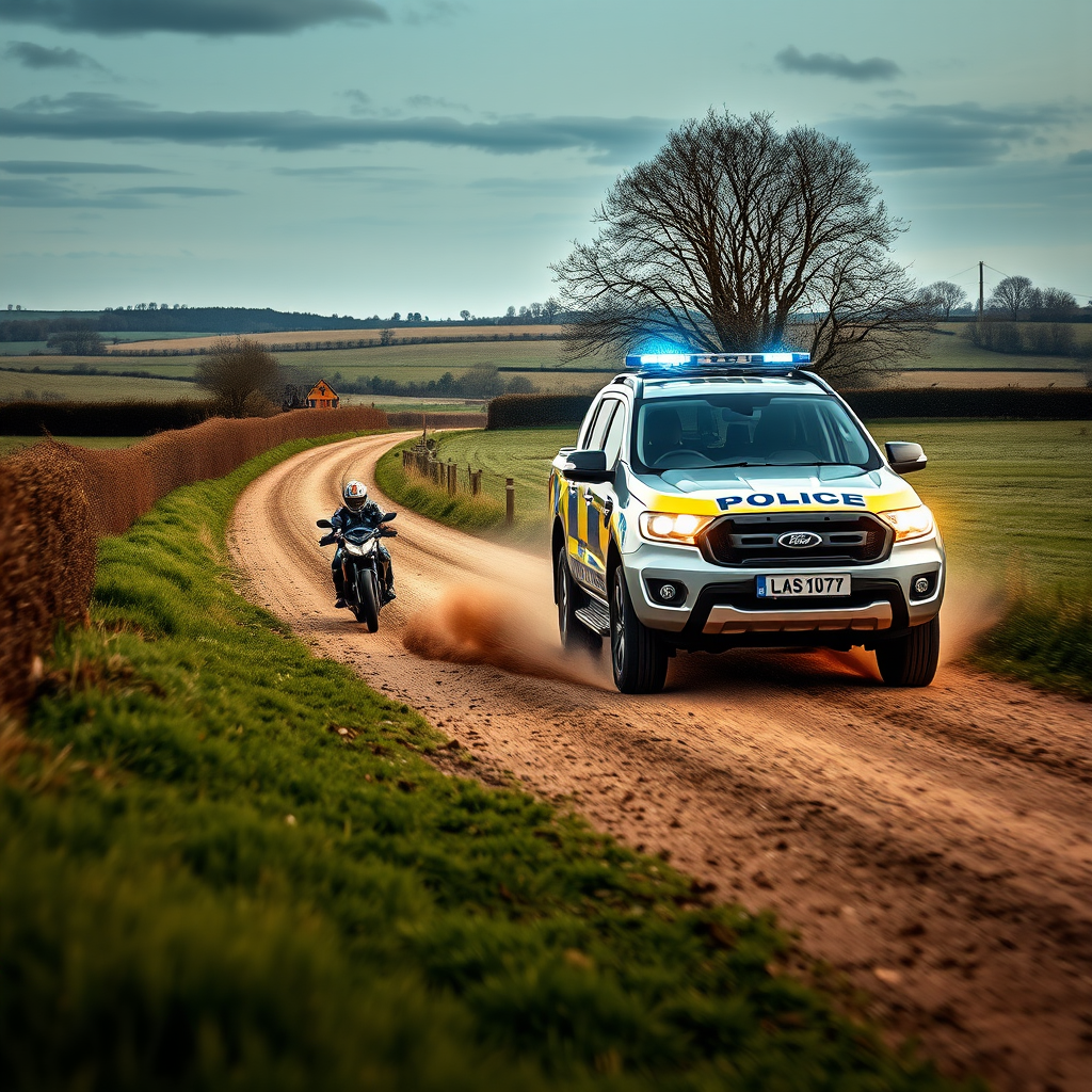 Police Land Rover pursues biker through Oxfordshire countryside
